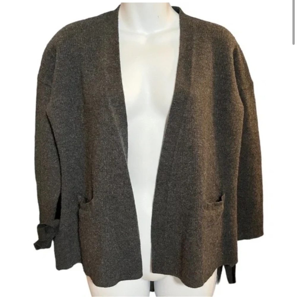 CYNTHIA Rowley Grey Extrafine Merino Wool Cardigan With Side Ties 3/4 sleeves